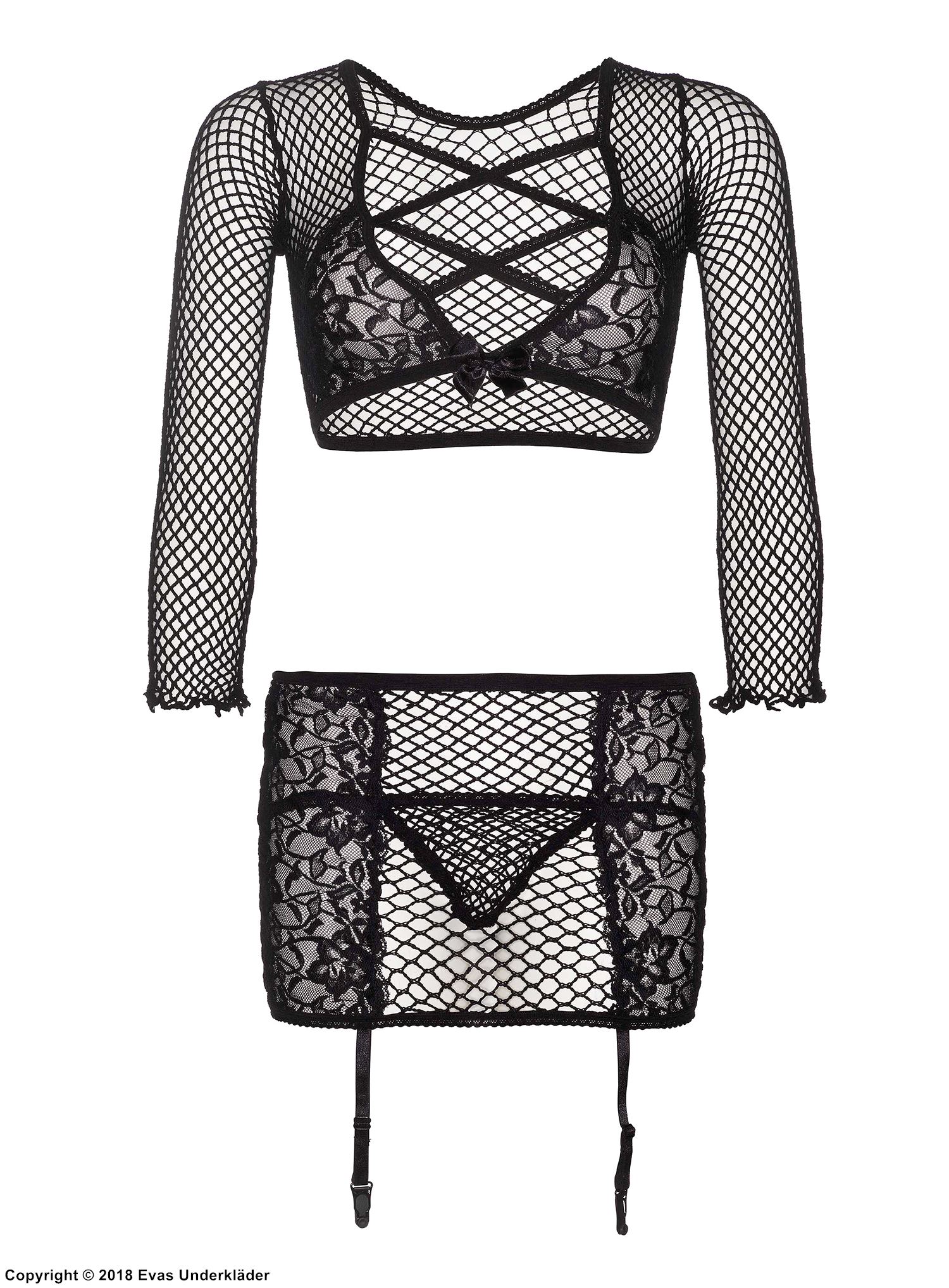 Sexy lingerie set, large fishnet, long sleeves, crossing straps